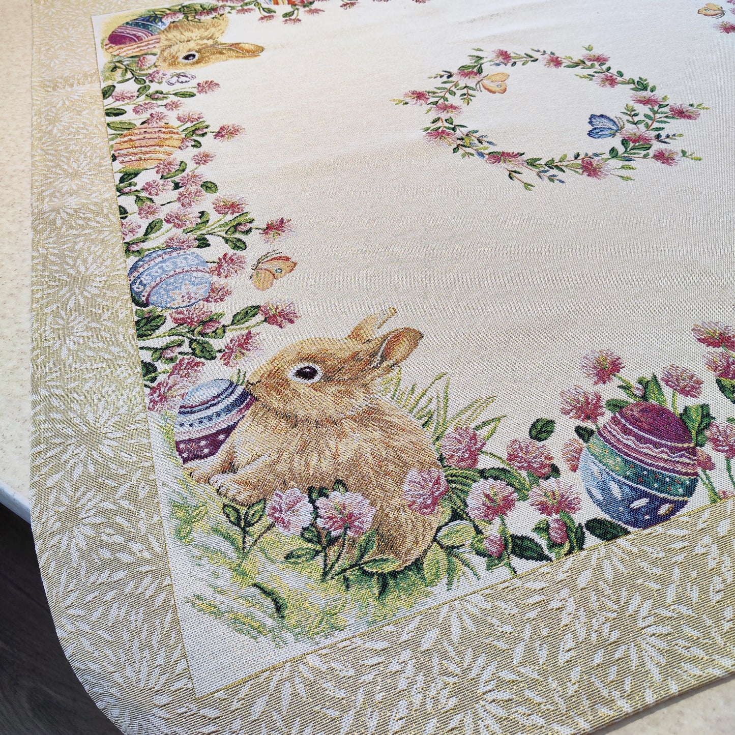 Easter Tablecloth with Eggs Flowers and Golden thread small Square table cloth