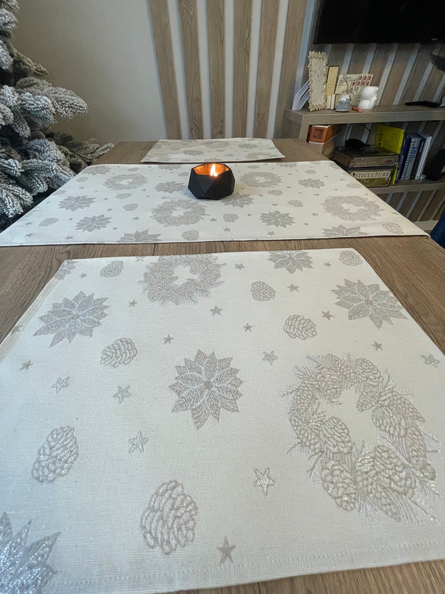 Placemats Set of 2 Christmas Ivory with Silver threads Christmas Holiday Table mats