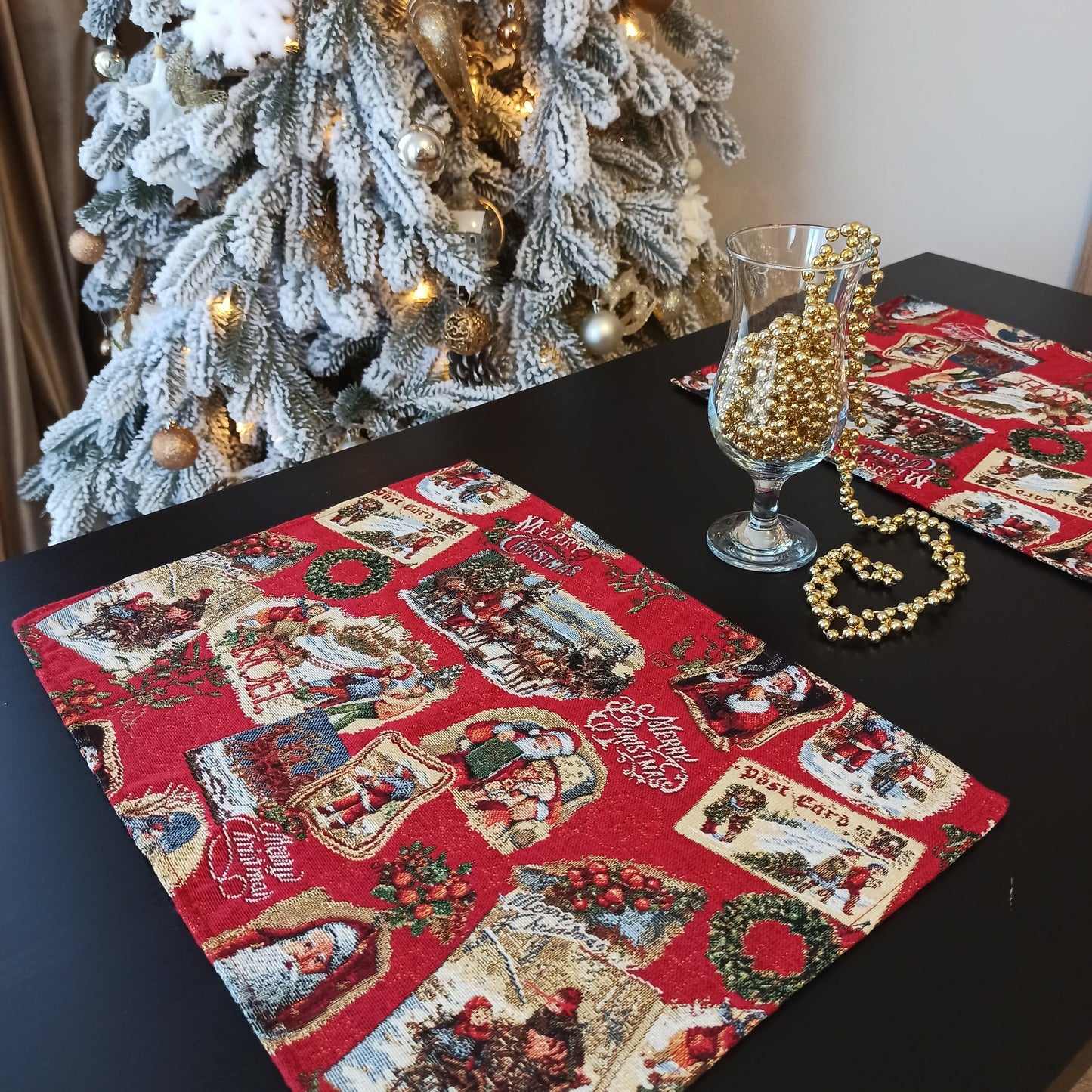 Christmas Placemats Set of 2 Red Retro Glitter with Santa Claus Golden threads Holiday Table mats