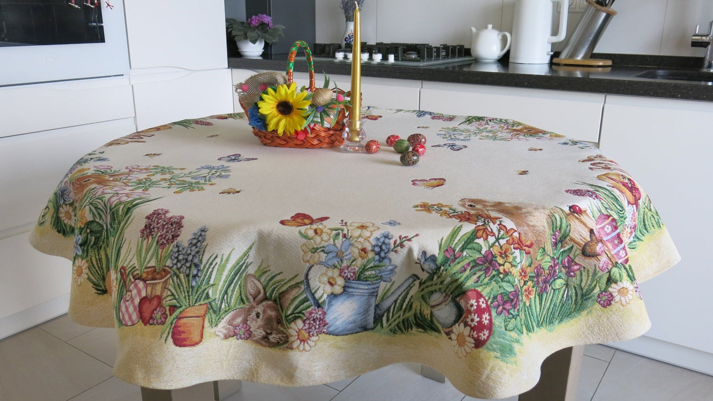 Round Easter Tablecloth Flowers and Funny Cute Bunny 140cm (53in)