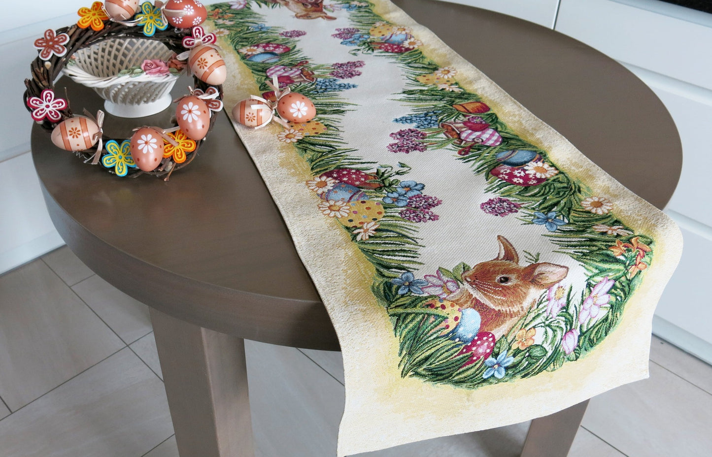 Easter Bunny Table Runner Flowers Jacquard Table Textiles