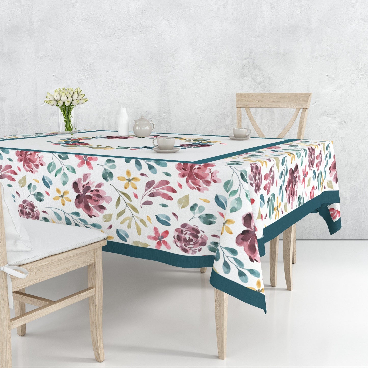 White Cloth Tablecloths Cotton with beautiful watercolor flowers and green bandeletMaystat