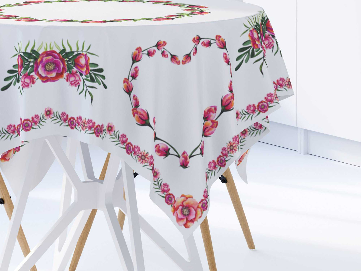 Heart tablecloths cotton white with pink flowers Maystat