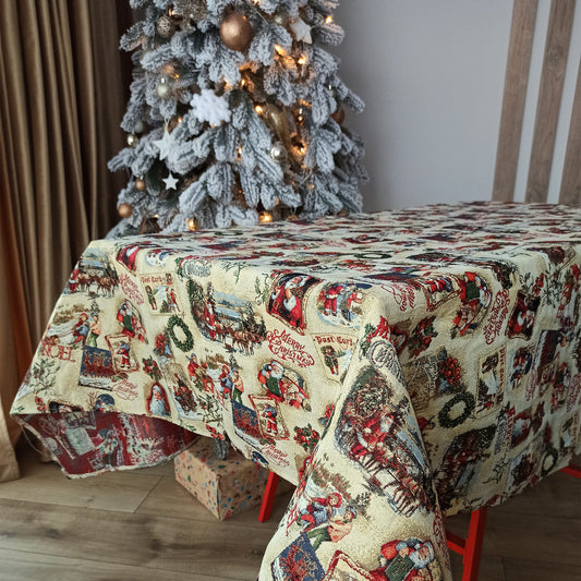 Gold Christmas table cloth, Tapestry fabric tablecloths for Christmas with Golden threads, custom Christmas table covers with Santa and Old Pattern