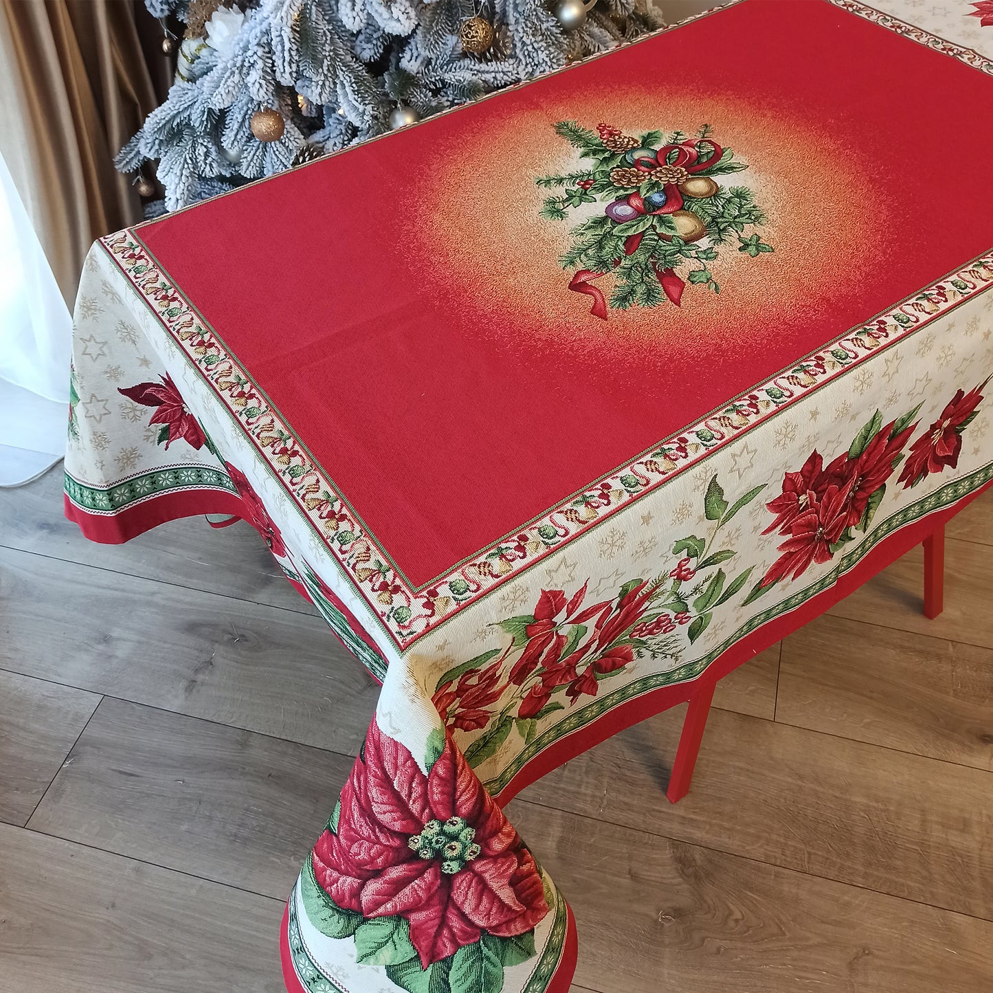 Christmas Tablecloth Red Poinsettia Holiday Centerpiece Fabric X-mas tablecloth for Rectangle Table