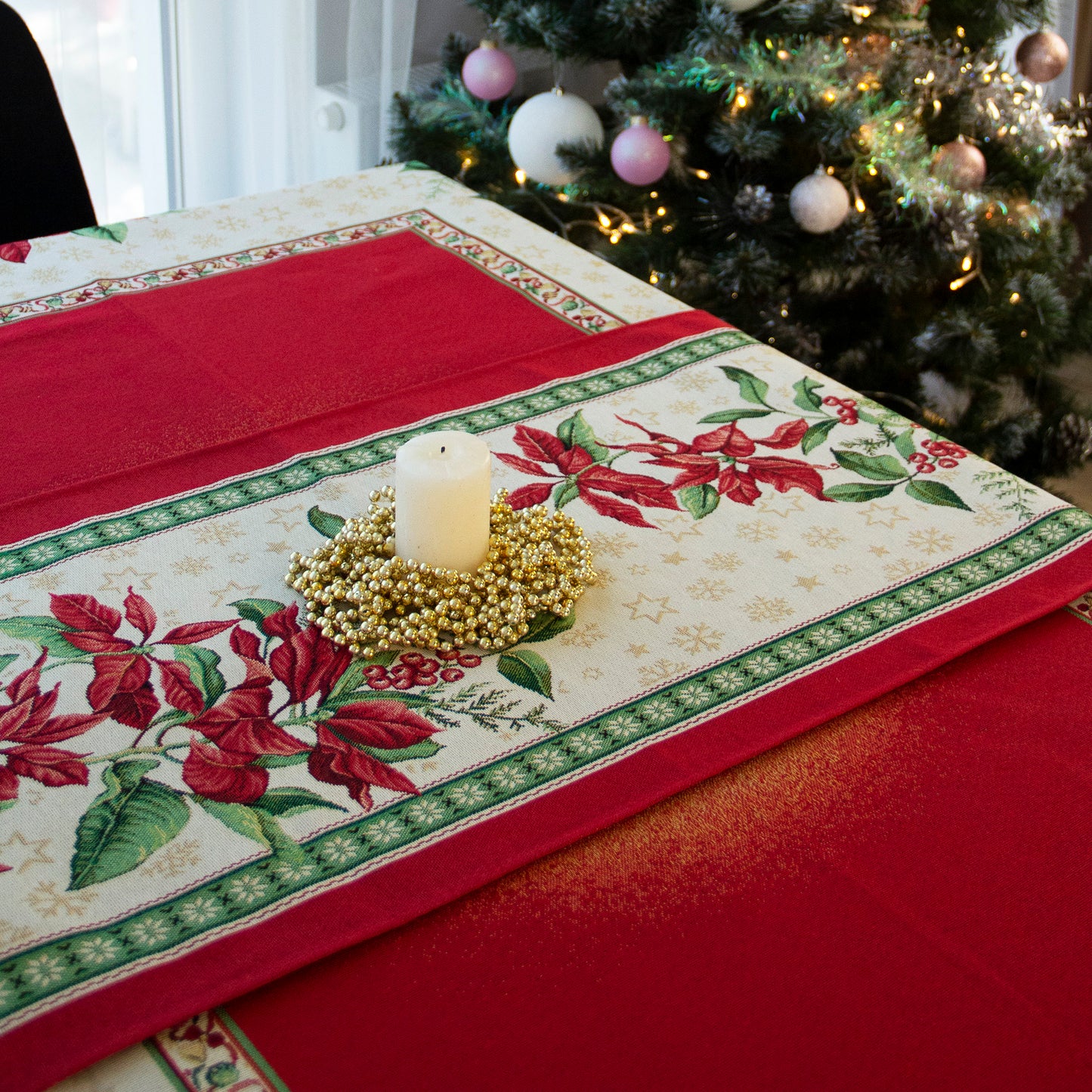 Christmas Tablecloth Red Poinsettia Holiday Centerpiece Fabric X-mas tablecloth for Rectangle Table