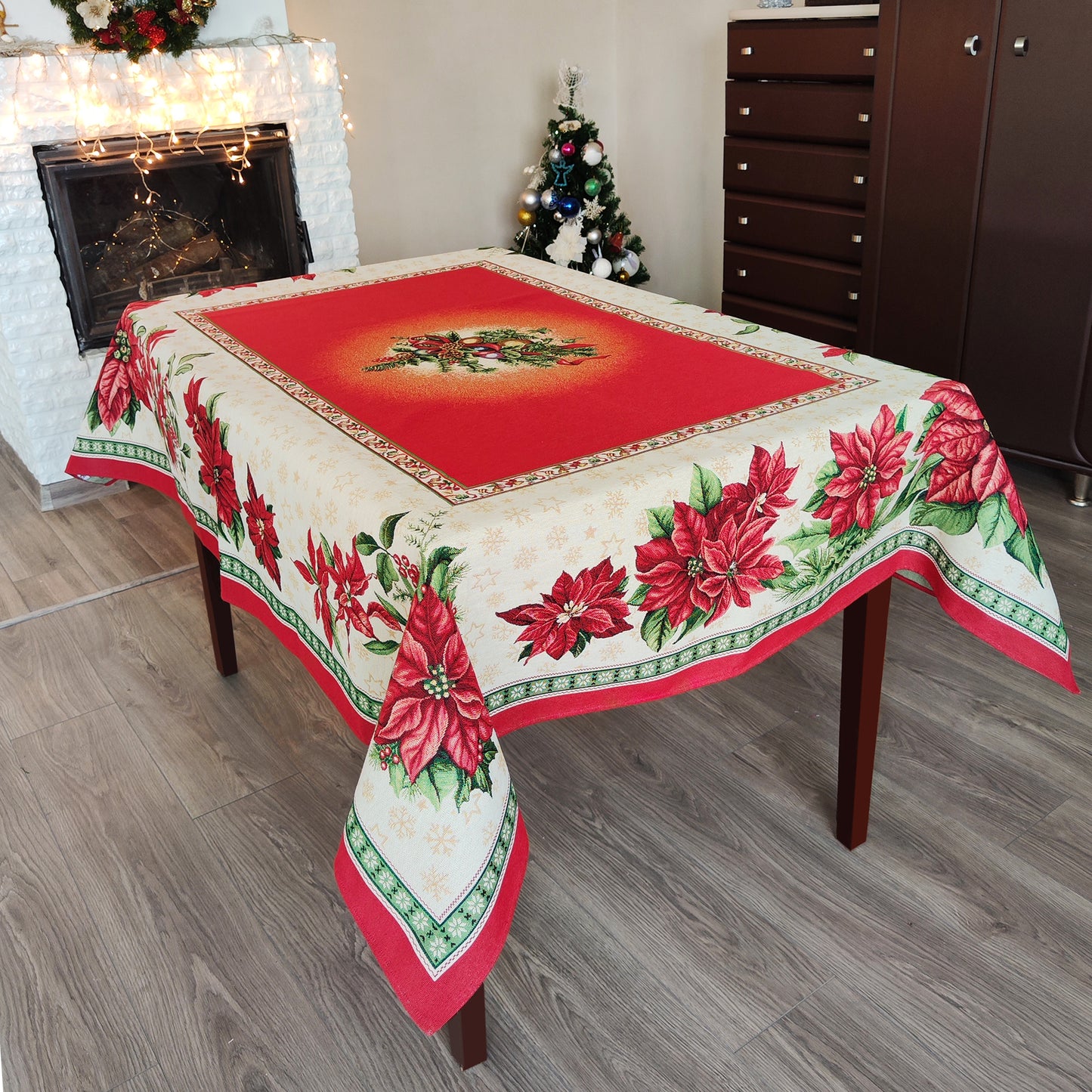 Christmas Tablecloth Red Poinsettia Holiday Centerpiece Fabric X-mas tablecloth for Rectangle Table