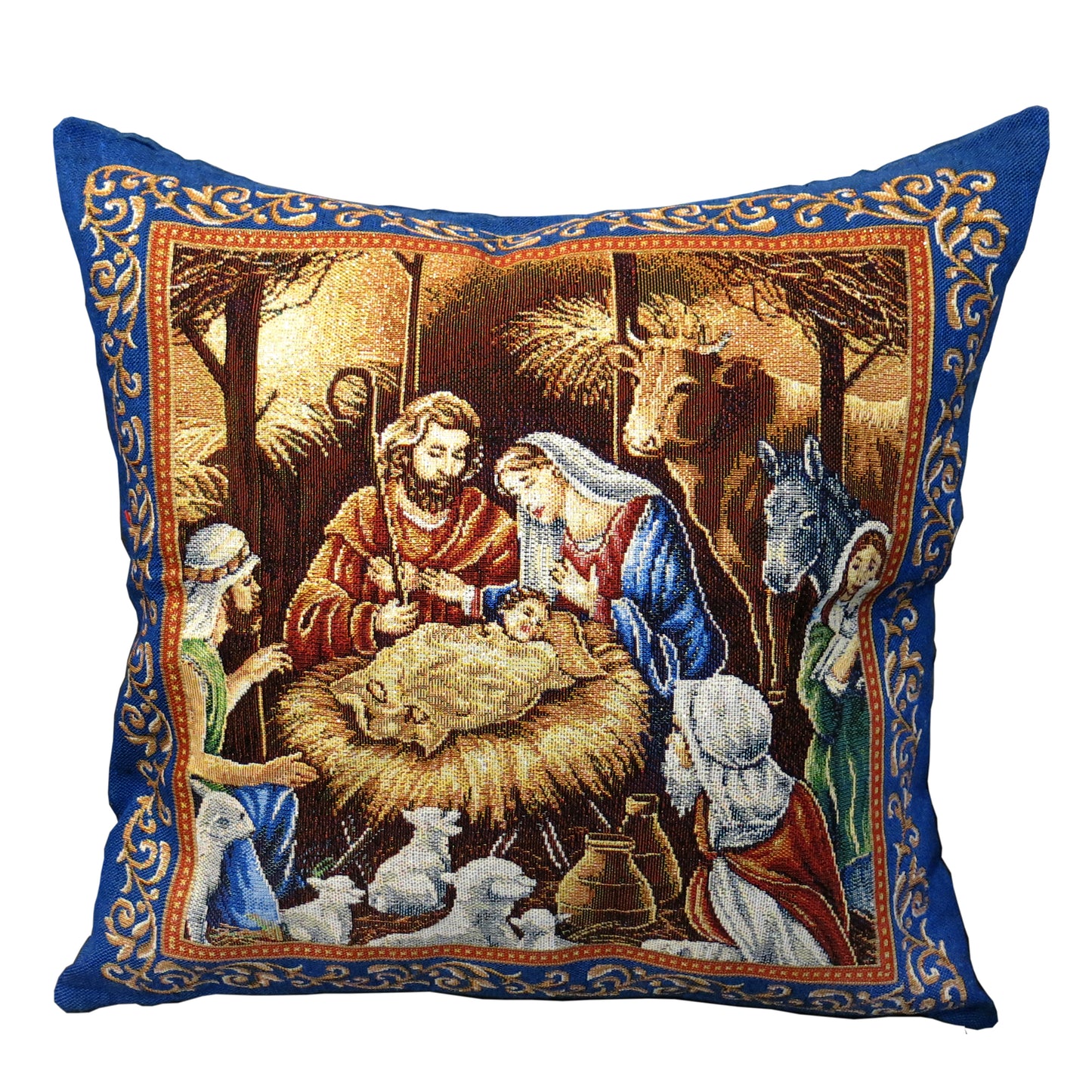 Throw Pillow Covers Nativity Blue Christmas Christian icon Jesus Birth Cushion Cover with Golden threads18in