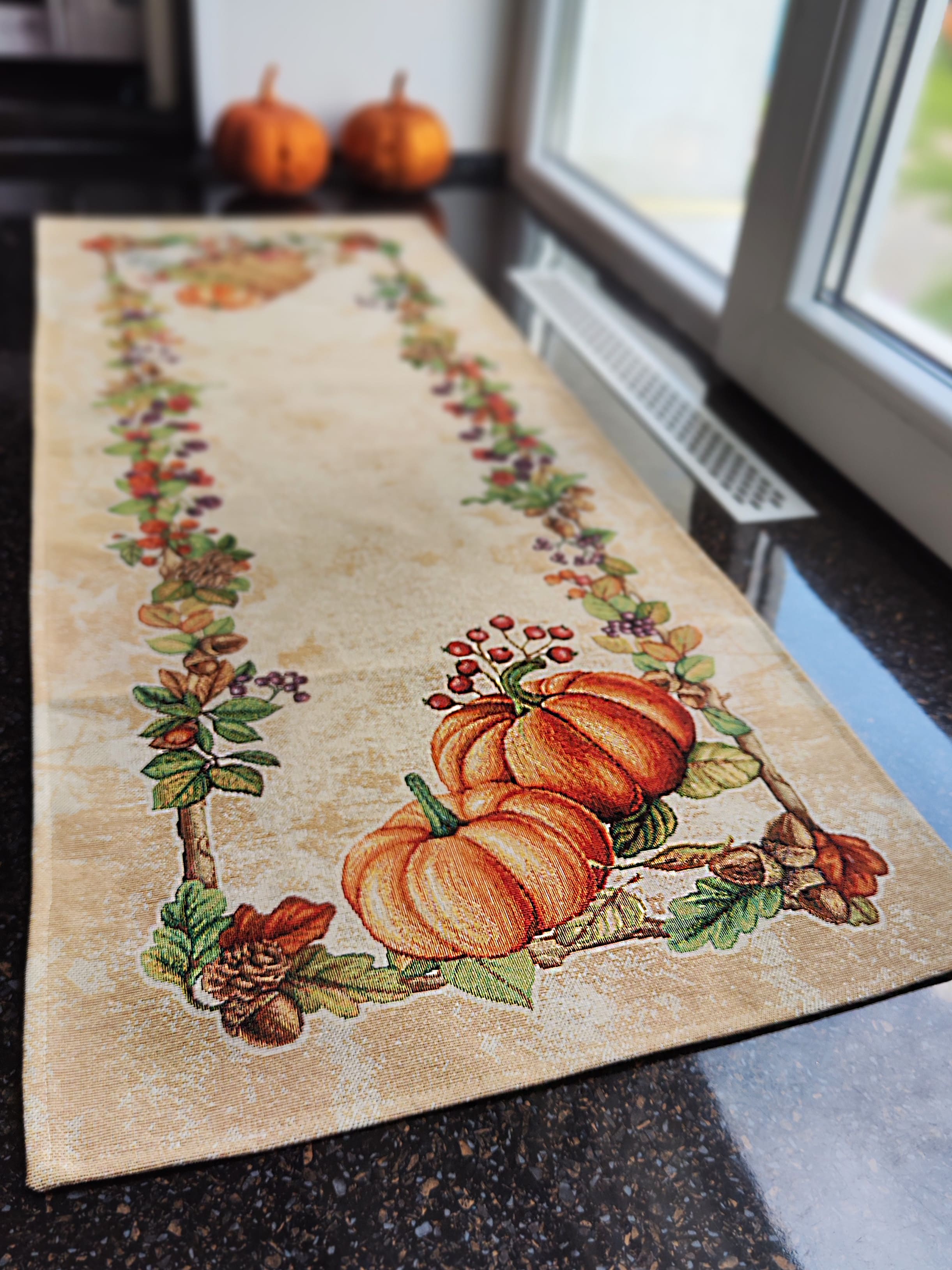 Halloween Tiles-Fall Pumpkins-Table Runner-Reversible-Free good Shipping