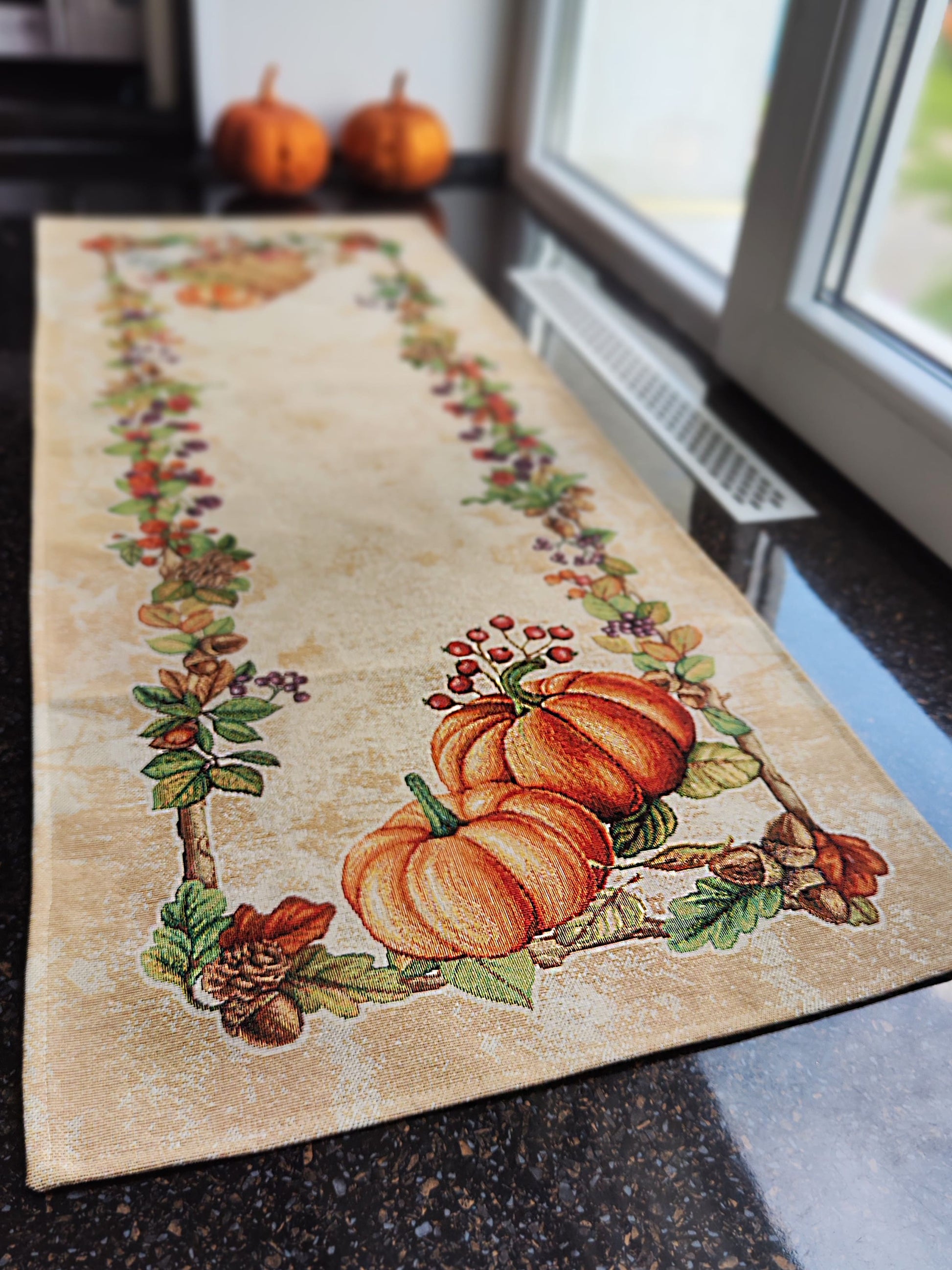 Pumpkin tapestry table runners, Autumn Thanksgiving table runner, Halloween block print table runners, Fall leaves runners for table.