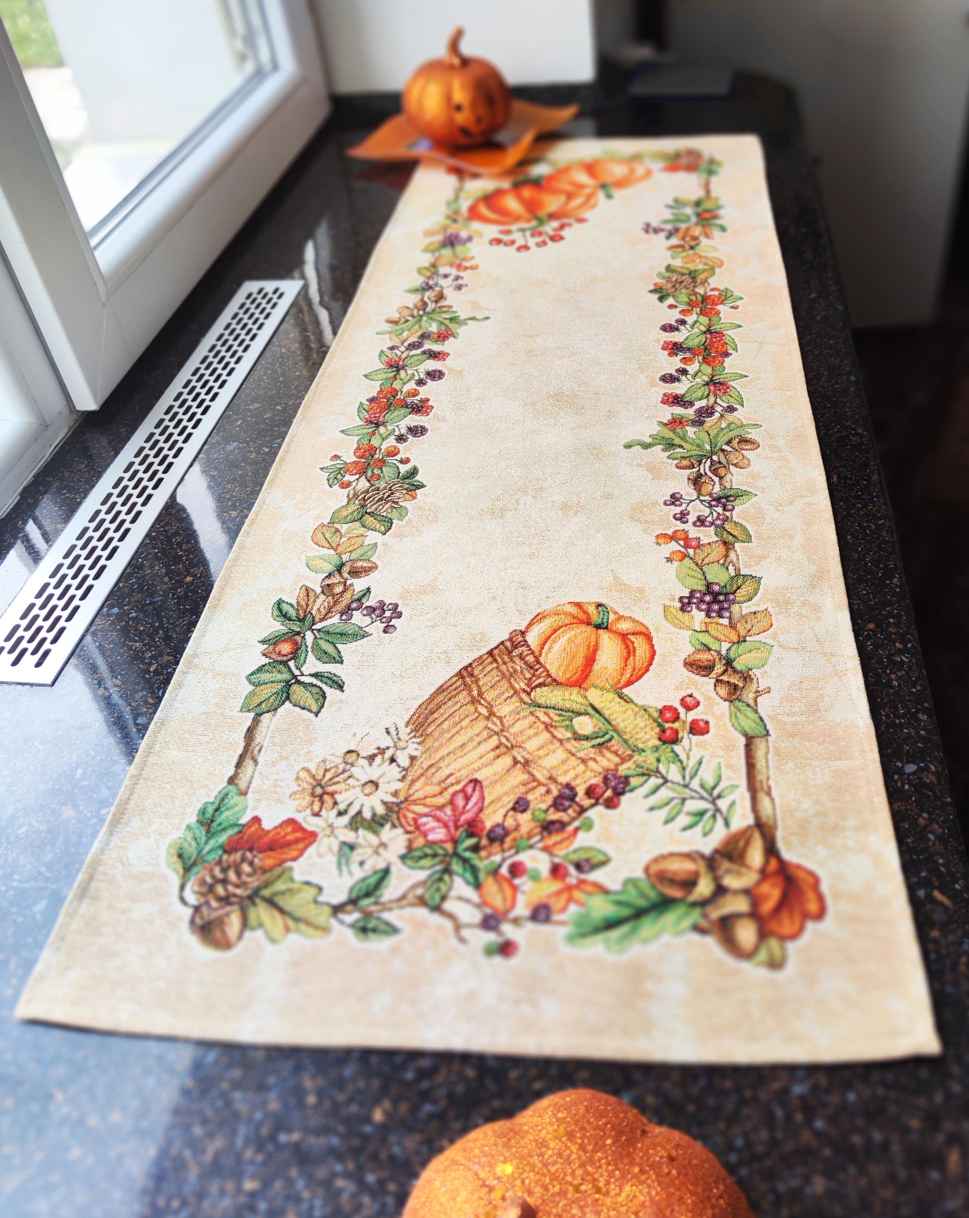 Pumpkin tapestry table runners, Autumn Thanksgiving table runner, Halloween block print table runners, Fall leaves runners for table.