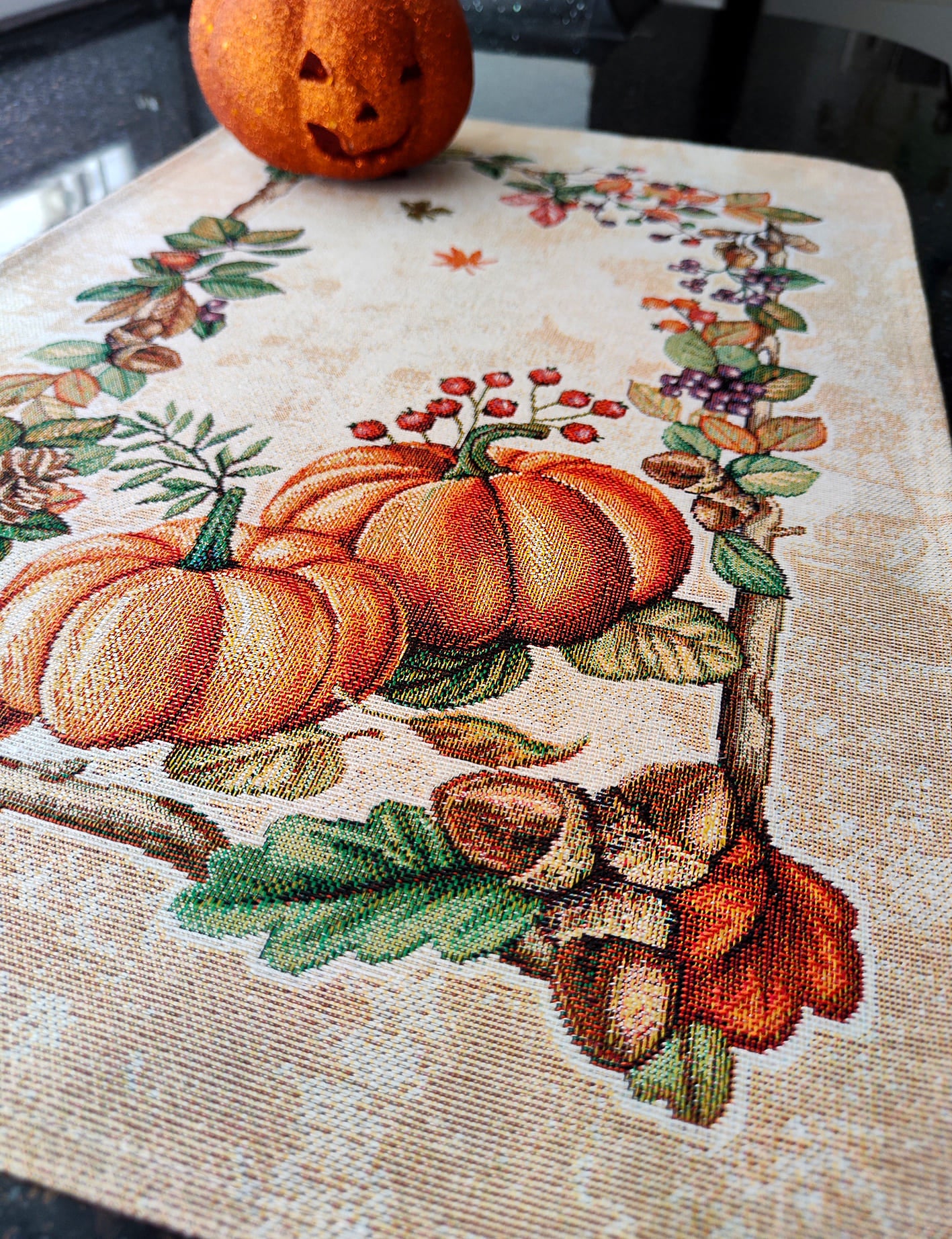 Thanksgiving Pumpkin Block Print Placemats Set of 2, Autumn Fall Dinner Place Mats, Tapestry Halloween placemats for rectangular table