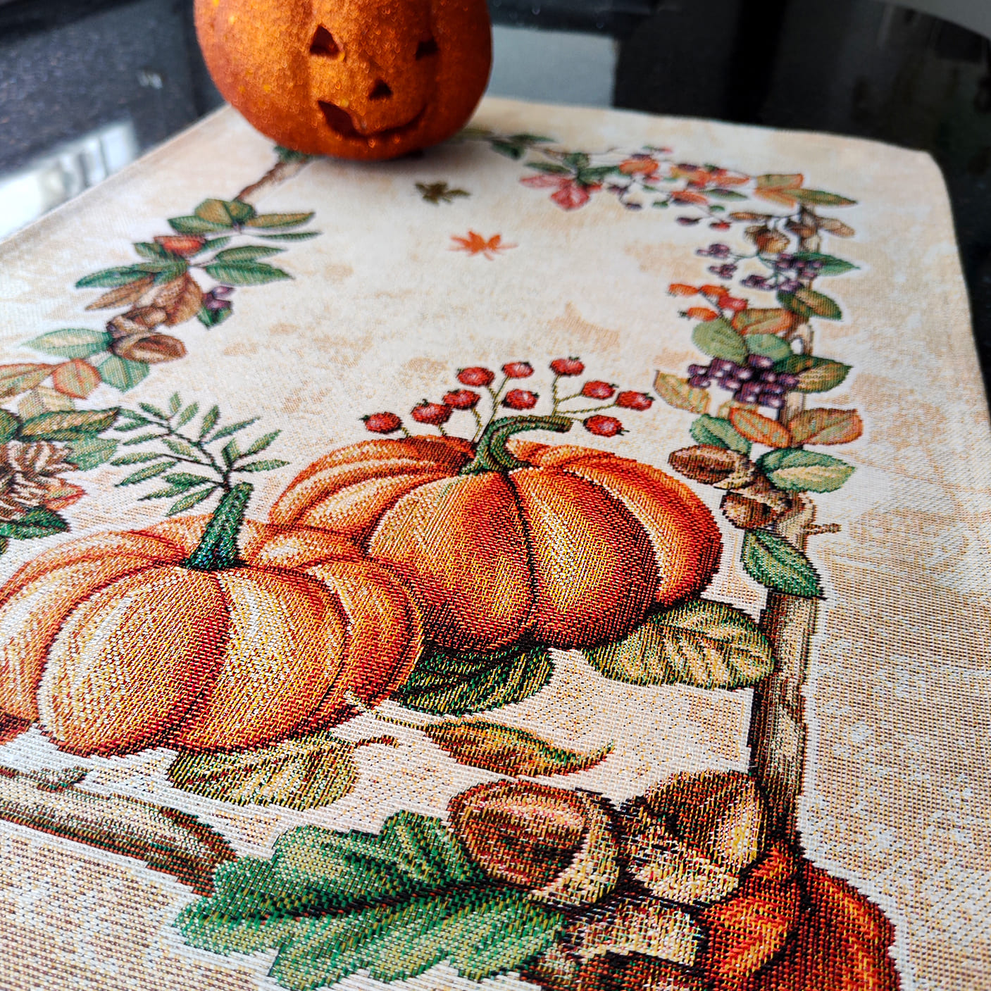 Thanksgiving Pumpkin Block Print Placemats Set of 2, Autumn Fall Dinner Place Mats, Tapestry Halloween placemats for rectangular table