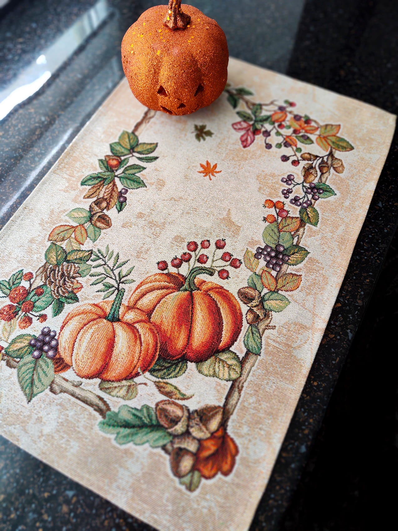 Thanksgiving Pumpkin Block Print Placemats Set of 2, Autumn Fall Dinner Place Mats, Tapestry Halloween placemats for rectangular table