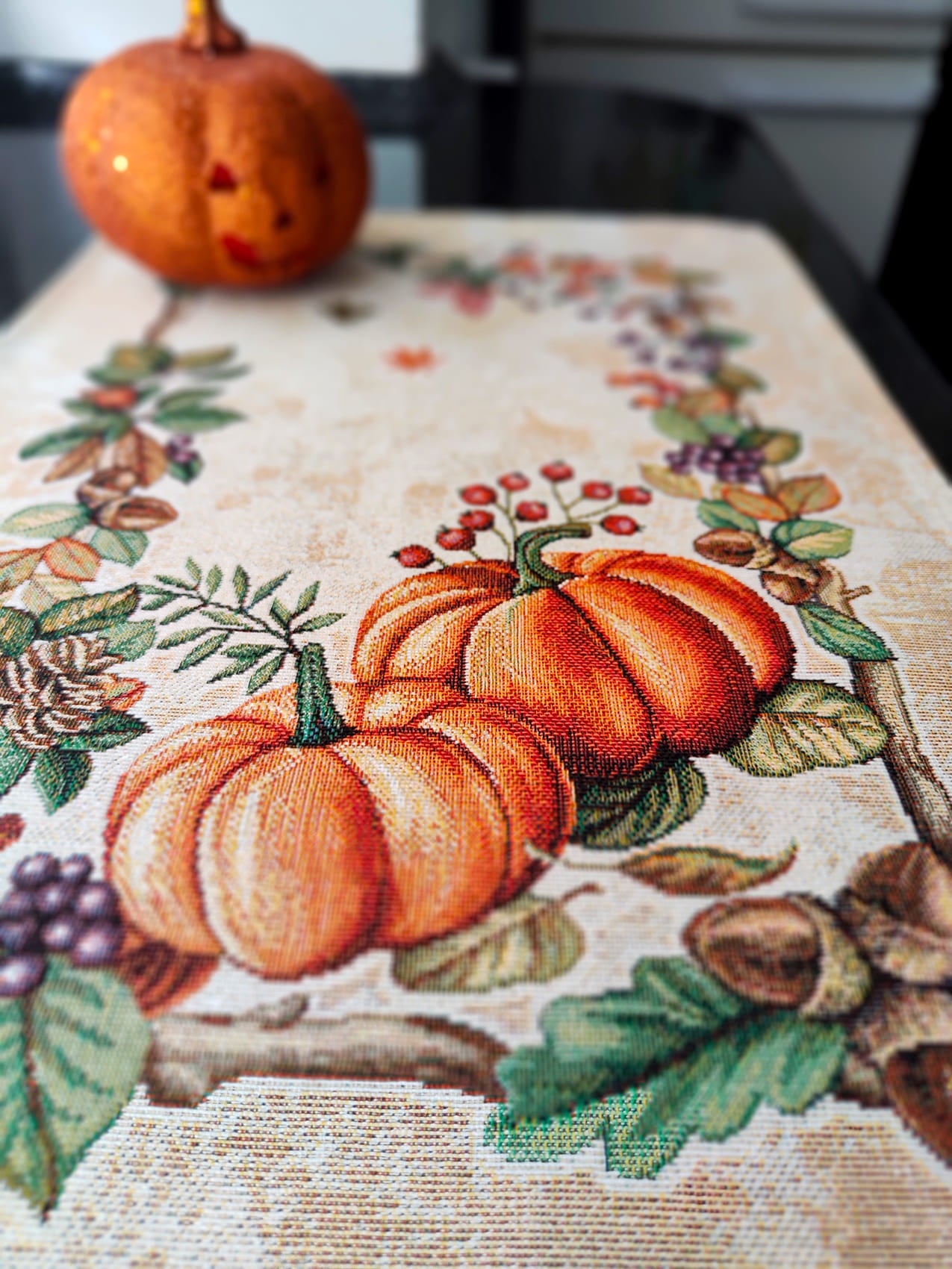 Thanksgiving Pumpkin Block Print Placemats Set of 2, Autumn Fall Dinner Place Mats, Tapestry Halloween placemats for rectangular table