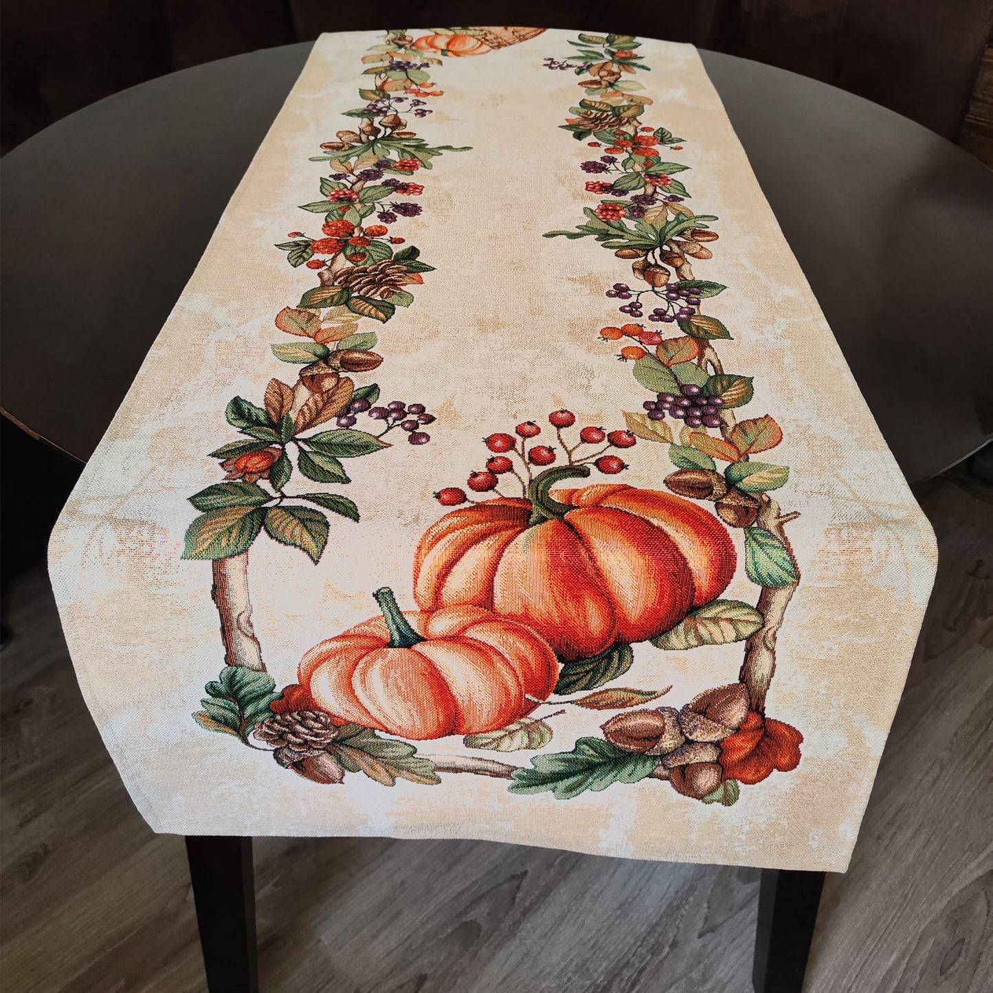 Pumpkin tapestry table runners, Autumn Thanksgiving table runner, Halloween block print table runners, Fall leaves runners for table.