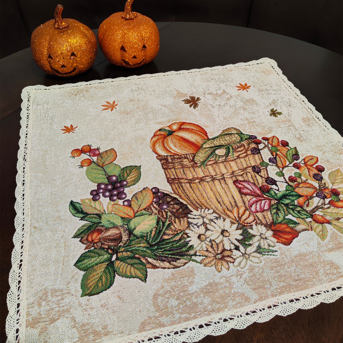 Pumpkin Thanksgiving Fall Table Topper Cloth Napkins, Small Decorative Tapestry Table Toppers Napkins with Pumpkins with Natural Lace