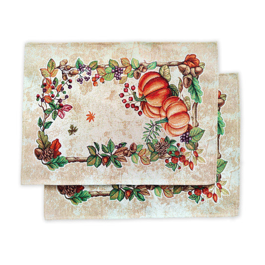 Thanksgiving Pumpkin Block Print Placemats Set of 2, Autumn Fall Dinner Place Mats, Tapestry Halloween placemats for rectangular table