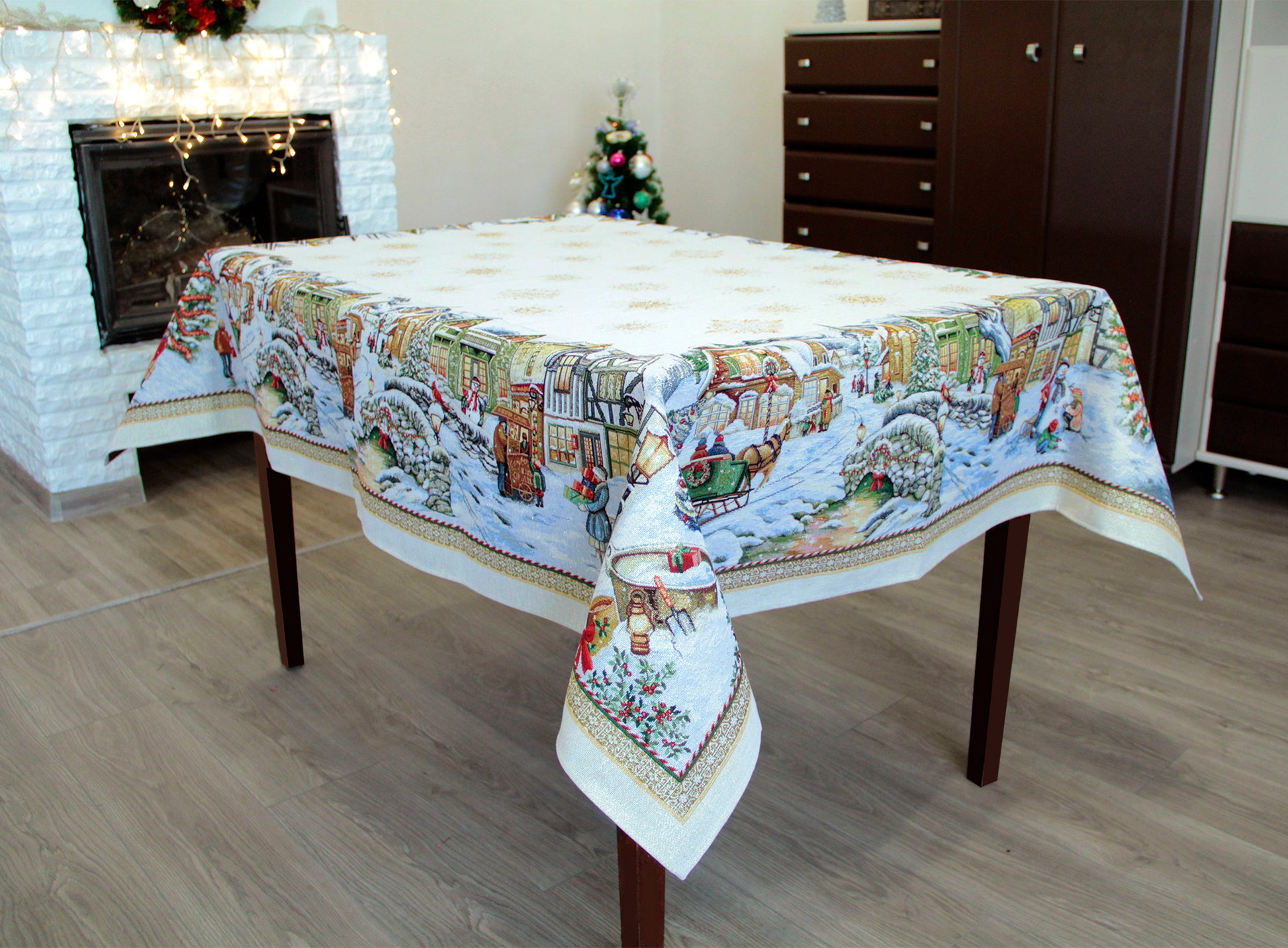 Fabric Rectangular Christmas Tablecloth, Elegant Gold Tapestry Christmas Block Print Table cloth with Old Pattern 