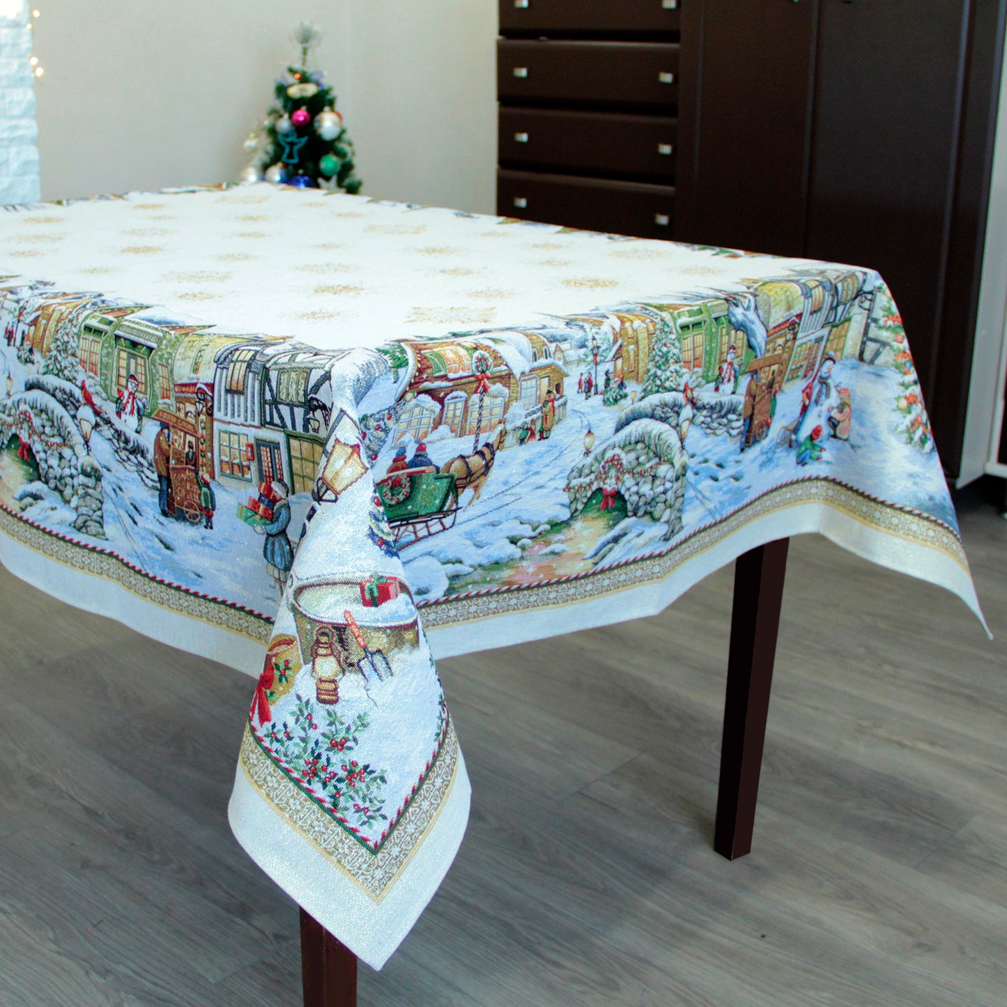 Fabric Rectangular Christmas Tablecloth, Elegant Gold Tapestry Christmas Block Print Table cloth with Old Pattern 