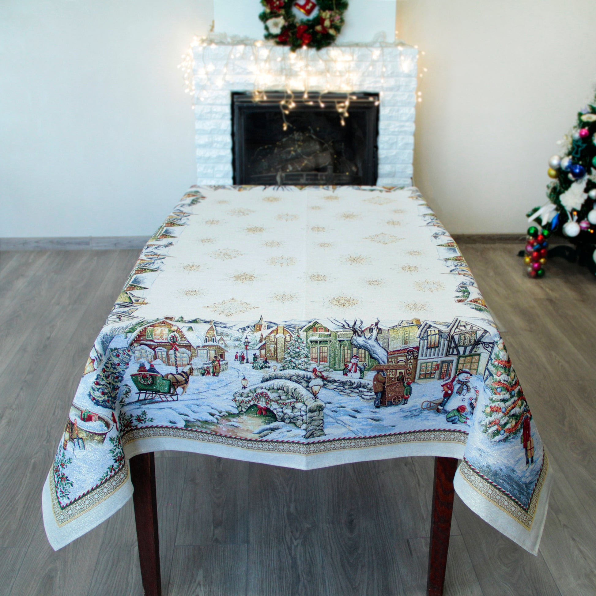 Fabric Rectangular Christmas Tablecloth, Elegant Gold Tapestry Christmas Block Print Table cloth with Old Pattern 