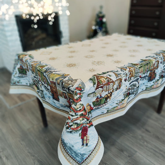 Fabric Rectangular Christmas Tablecloth, Elegant Gold Tapestry Christmas Block Print Table cloth with Old Pattern 