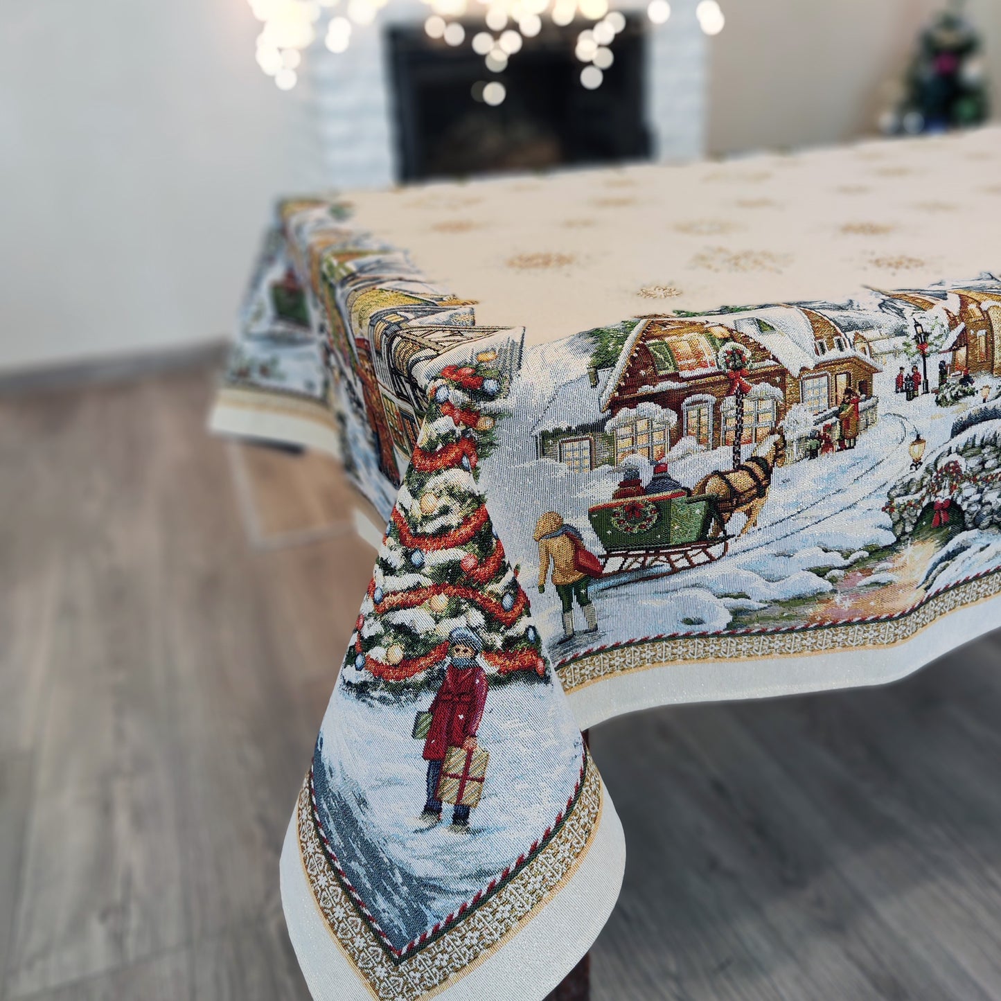 Fabric Rectangular Christmas Tablecloth, Elegant Gold Tapestry Christmas Block Print Table cloth with Old Pattern 