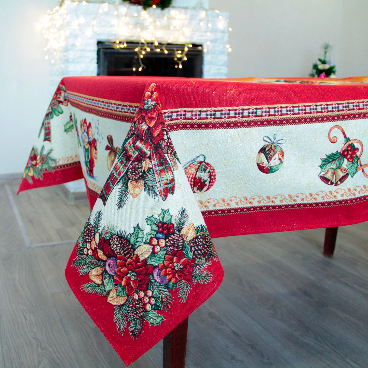 Red Christmas Tablecloth Fabric Holiday Xmas tablecloth for big Rectangle Table Tapestry Christmas Tablecloth with Christmas bells, Santa, and children's,