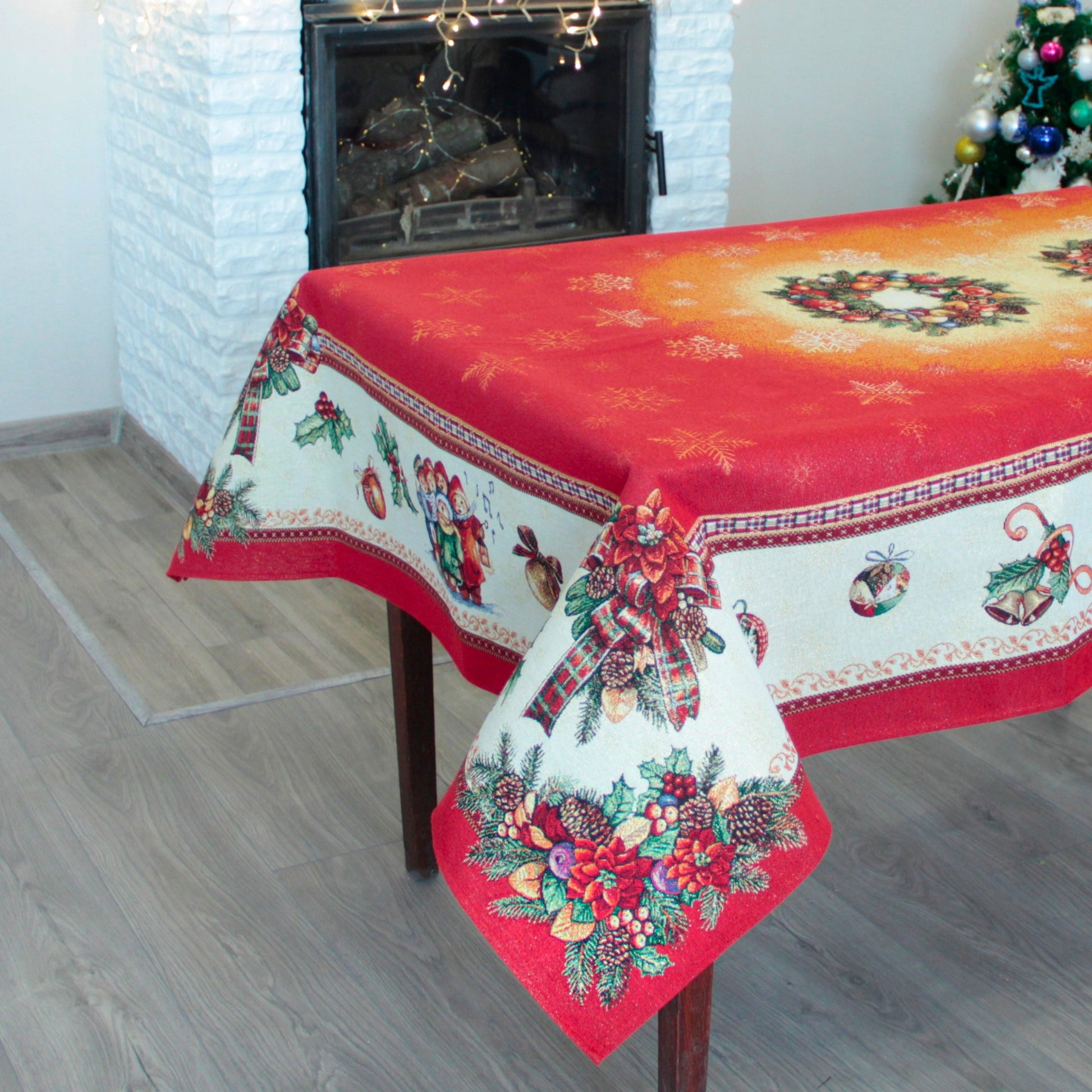 Red Christmas Tablecloth Fabric Holiday Xmas tablecloth for big Rectangle Table Tapestry Christmas Tablecloth with Christmas bells, Santa, and children's,