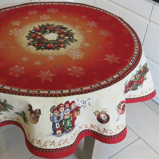 Red Christmas Tablecloth Round Red with Santa Golden Threads Festive Table cloth for Christmas