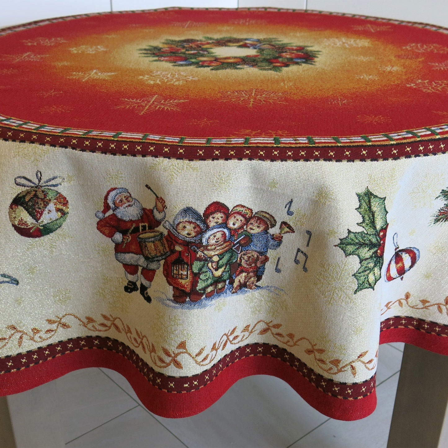 Red Christmas Tablecloth Round Red with Santa Golden Threads Festive Table cloth for Christmas