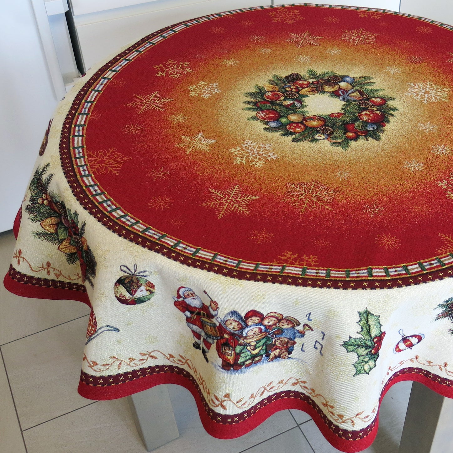 Red Christmas Tablecloth Round Red with Santa Golden Threads Festive Table cloth for Christmas