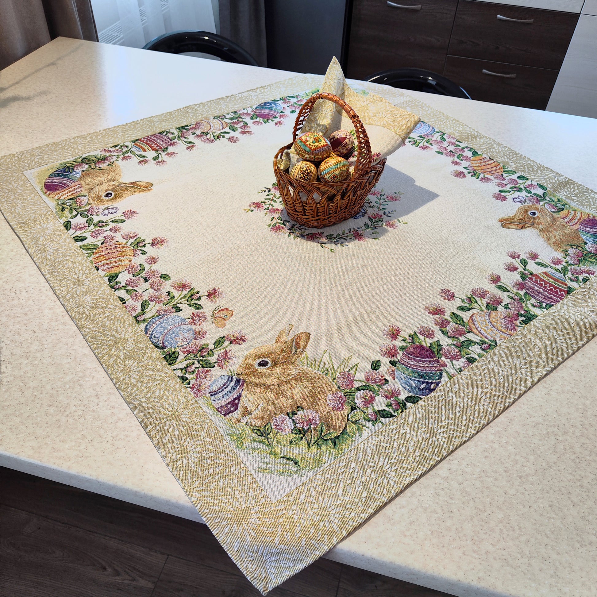 Easter Tablecloth with Eggs Flowers and Golden thread small Square table cloth 