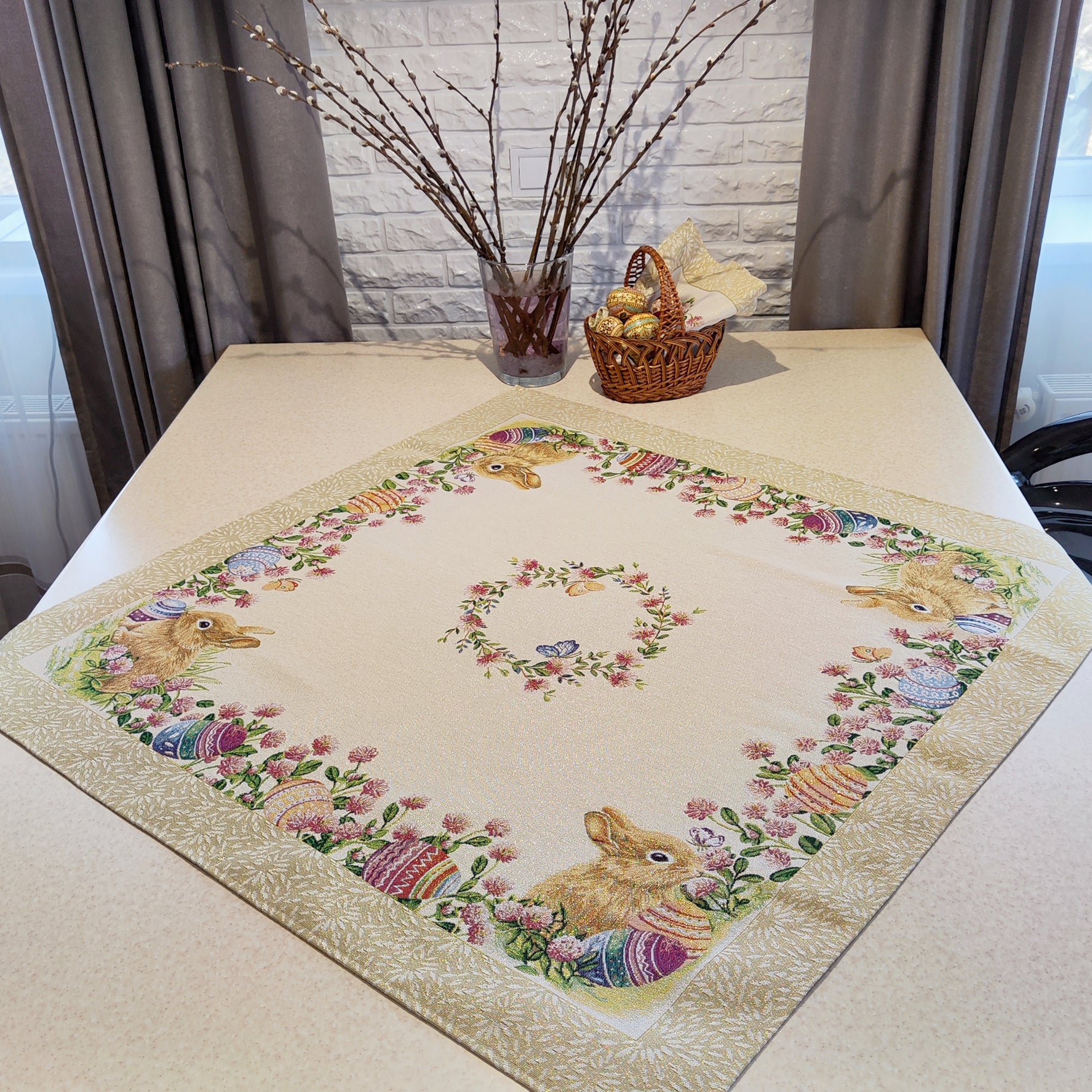 Easter Tablecloth with Eggs Flowers and Golden thread small Square table cloth 