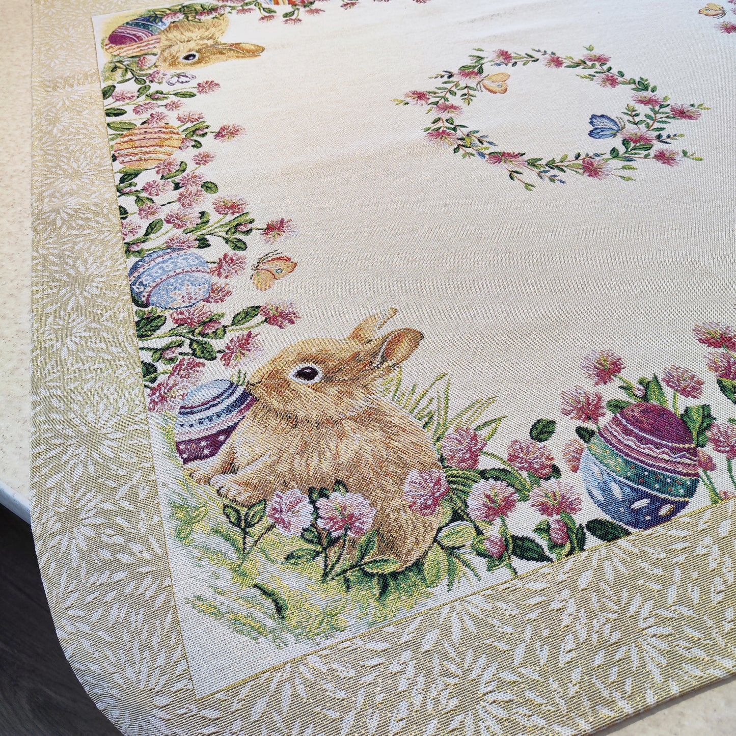 Easter Tablecloth with Eggs Flowers and Golden thread small Square table cloth 