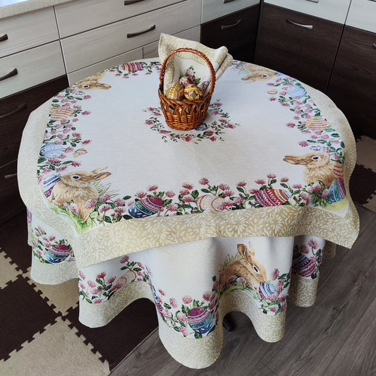 Easter Tablecloth with Eggs Flowers and Golden thread small Square table cloth 