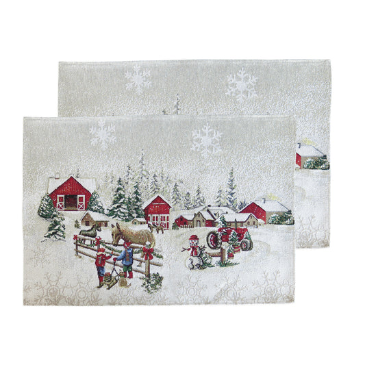 Placemats Christmas Holiday Set of 2 Glitter with gold Lurex Winter Snowmen