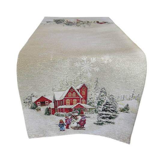 Table Runner Christmas Golden Threads Lurex Fabric Tapestry Rectangular Napperon Snowmen