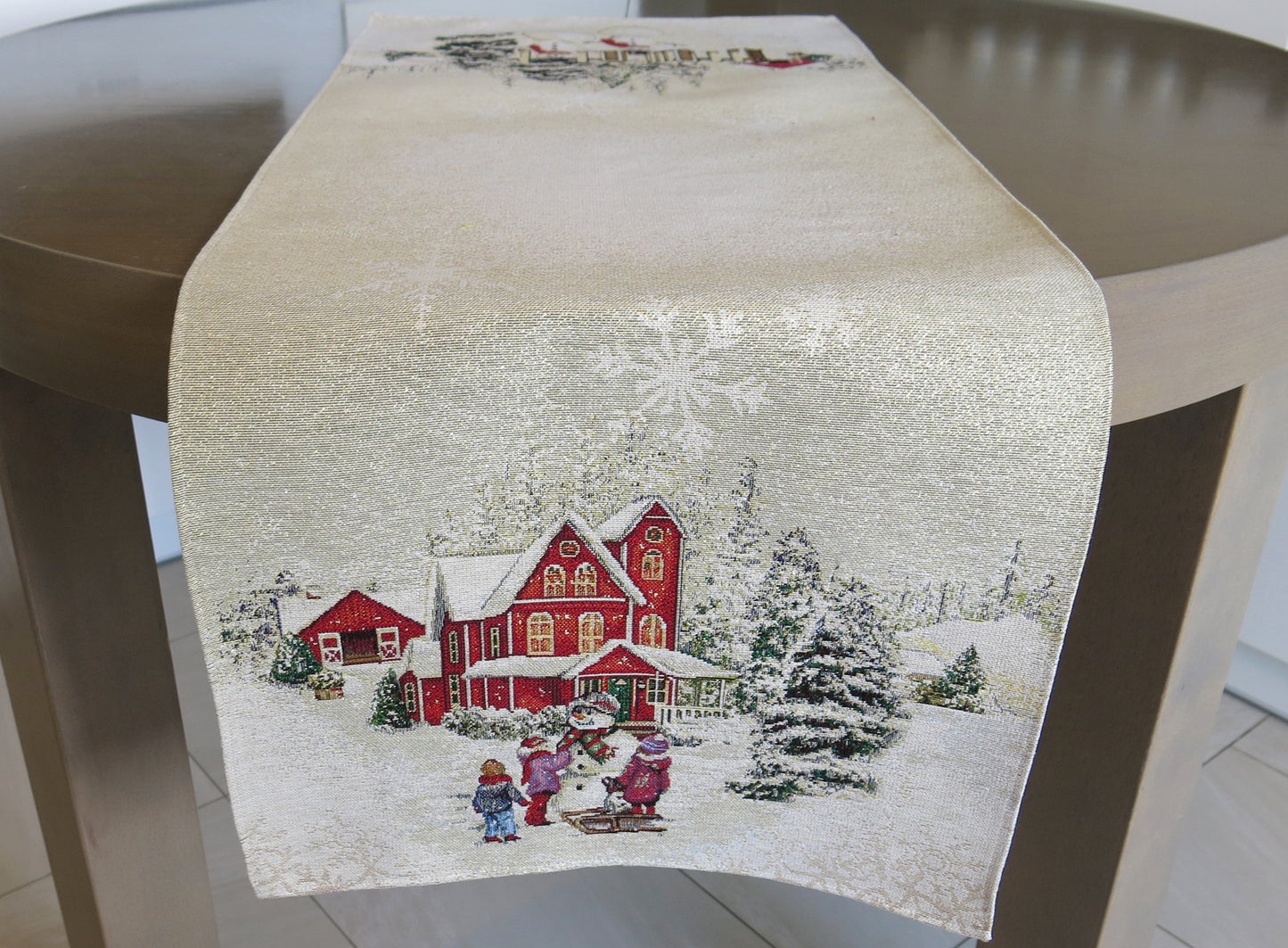 Table Runner Christmas Golden Threads Lurex Fabric Tapestry Rectangular Napperon Snowmen