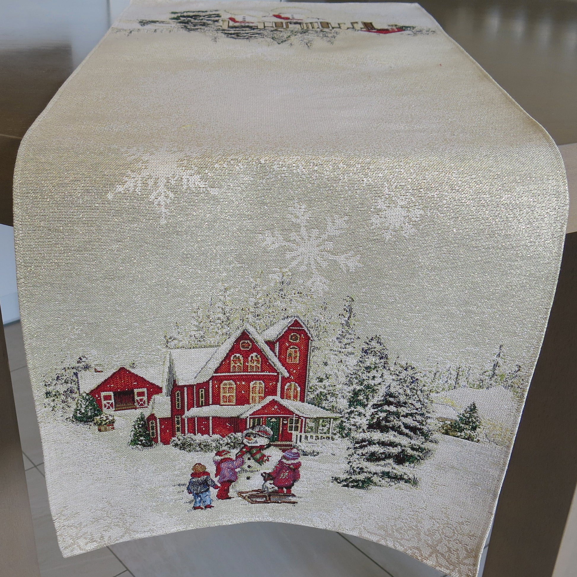 Table Runner Christmas Golden Threads Lurex Fabric Tapestry Rectangular Napperon Snowmen