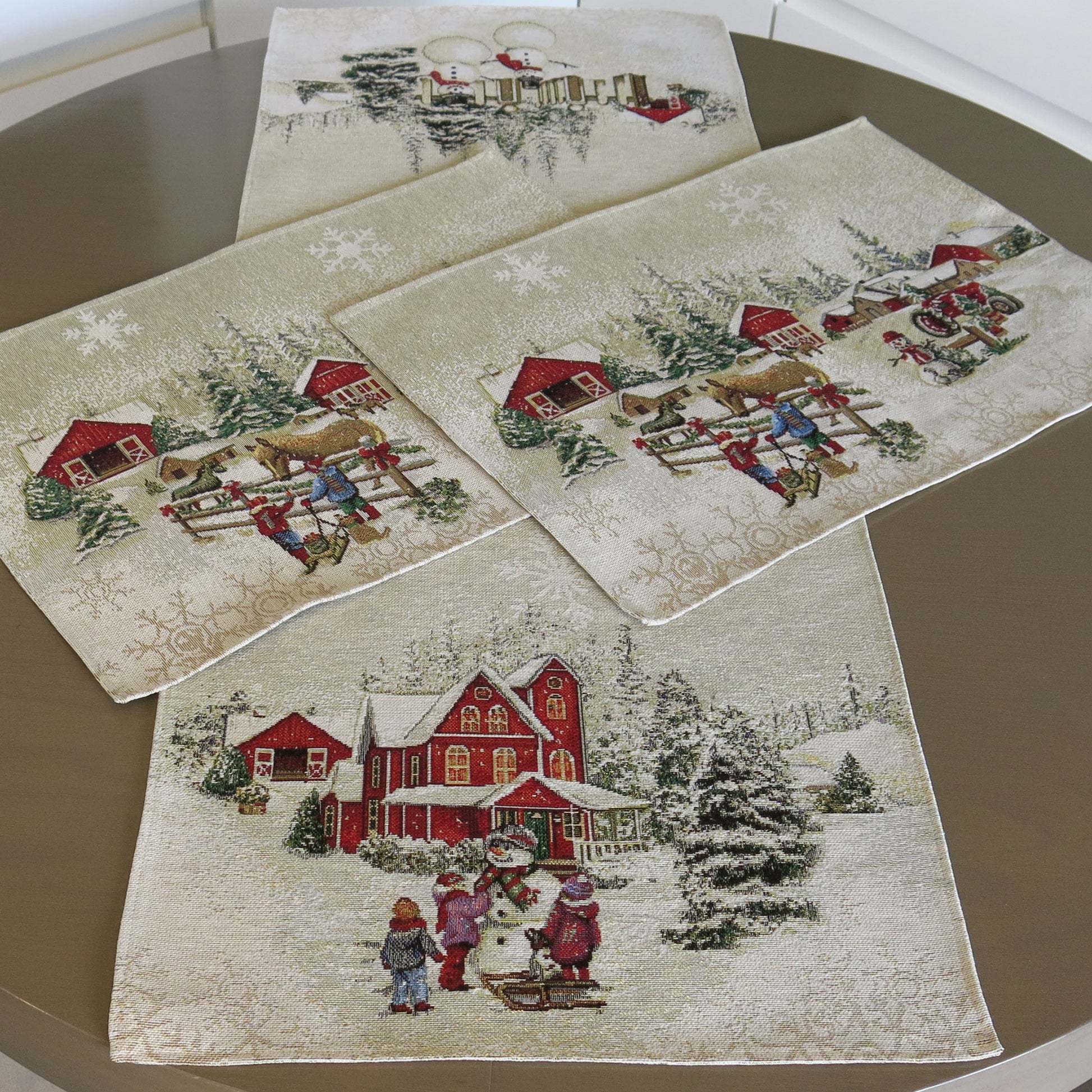 Table Runner Christmas Golden Threads Lurex Fabric Tapestry Rectangular Napperon Snowmen