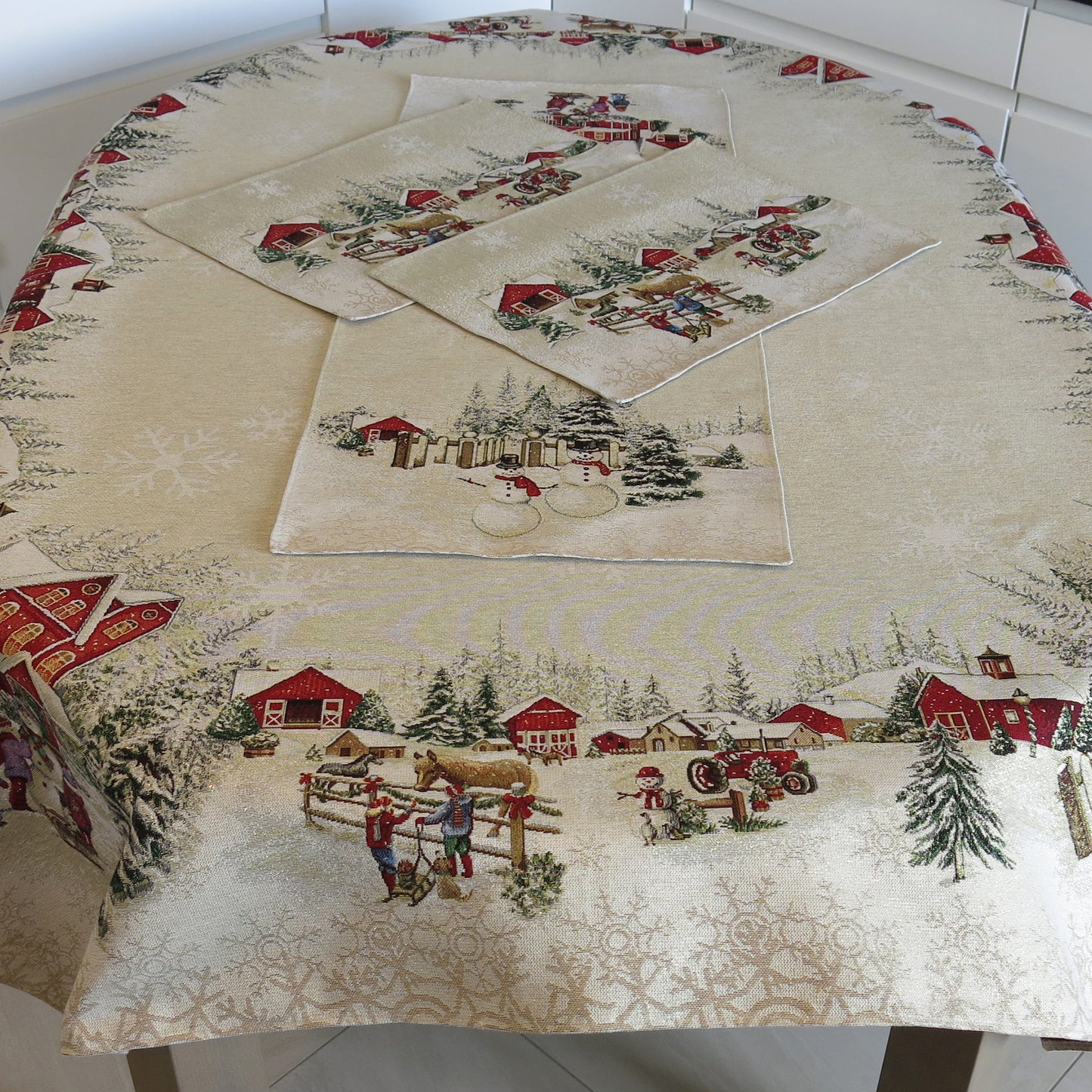 Table Runner Christmas Golden Threads Lurex Fabric Tapestry Rectangular Napperon Snowmen