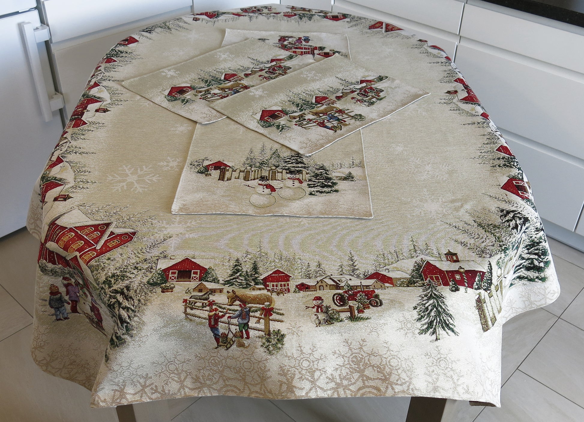 Tablecloth Christmas Block print Golden Fabric X-mas tablecloth for Rectangle Table Snowmen