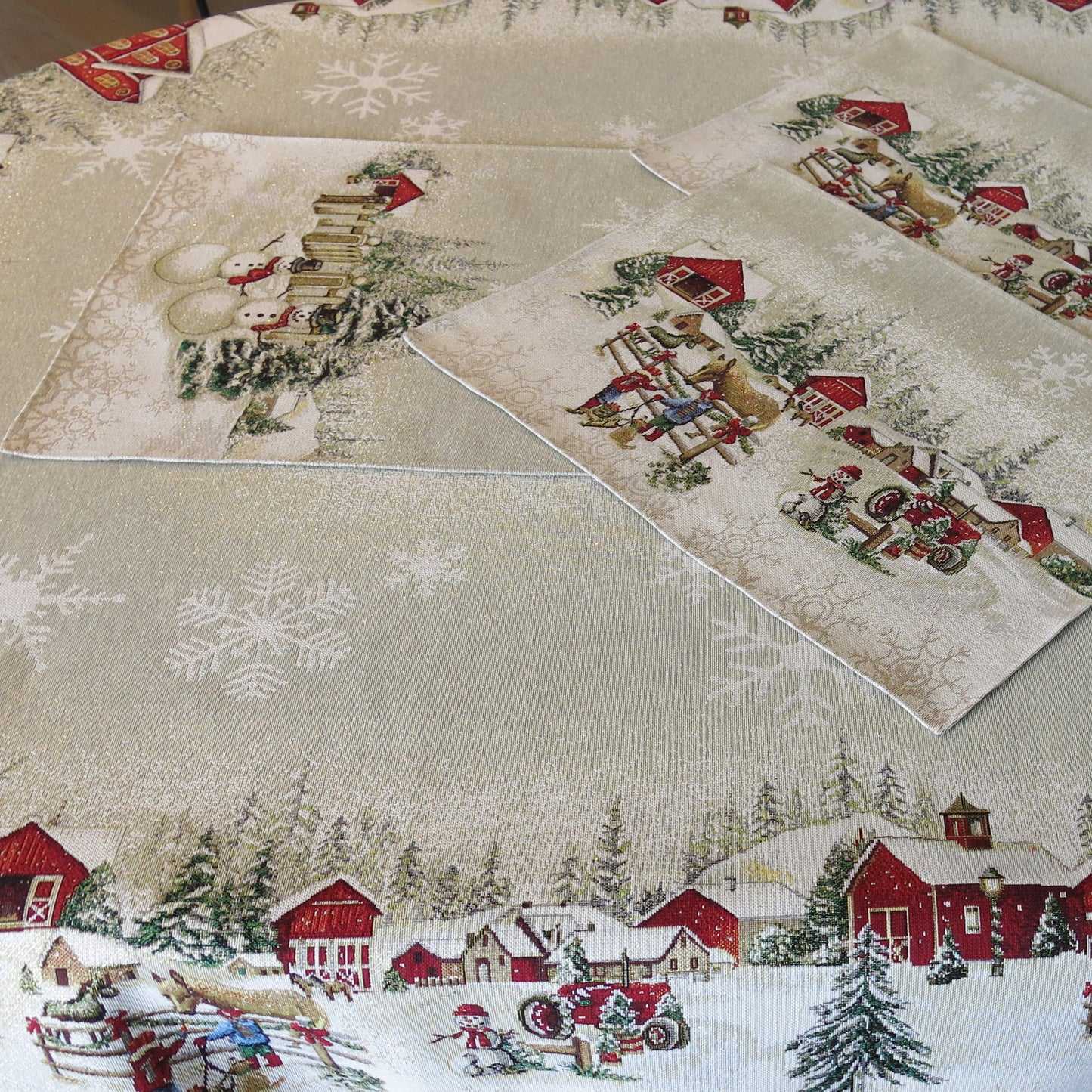 Tablecloth Christmas Block print Golden Fabric X-mas tablecloth for Rectangle Table Snowmen