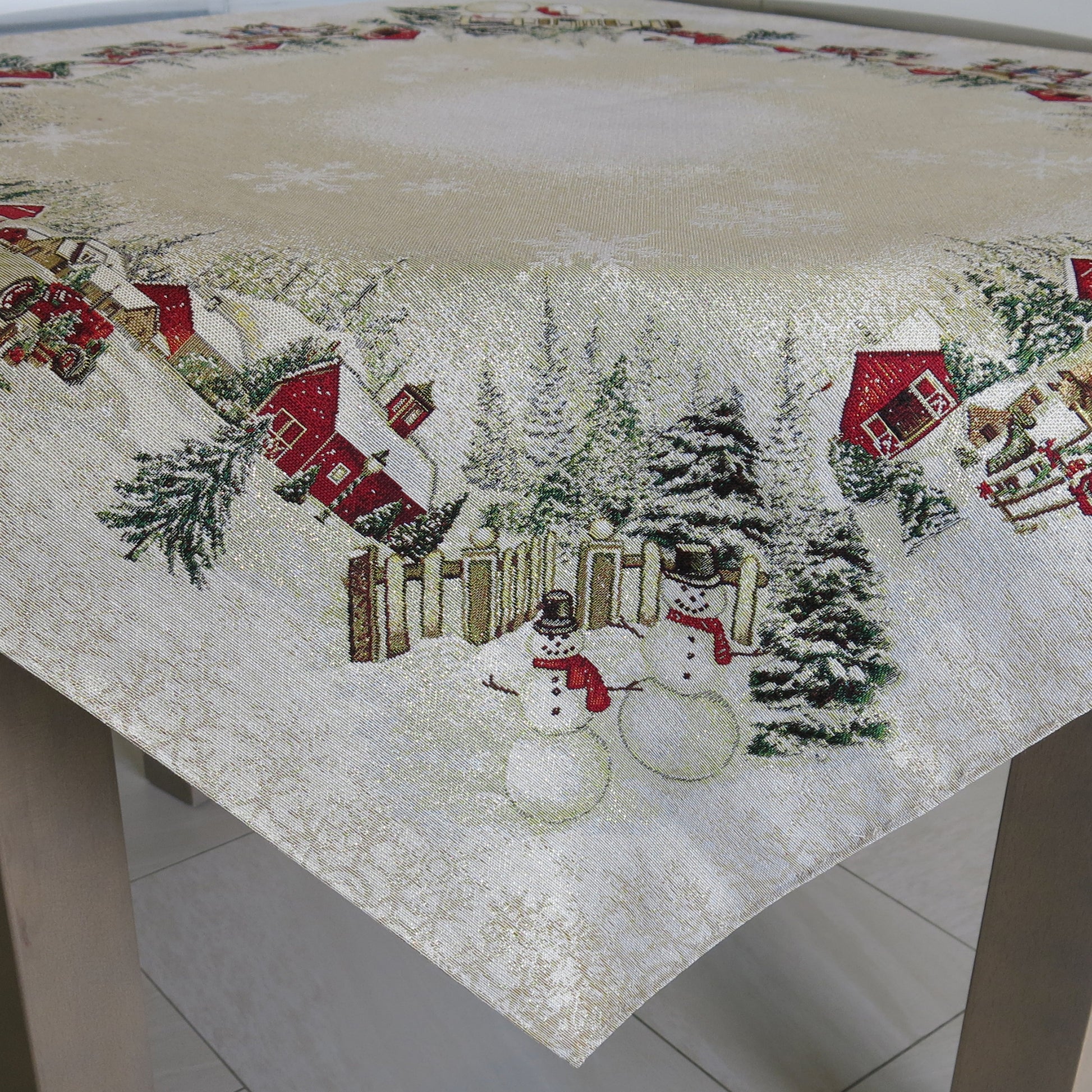 Tablecloth Christmas Block print Golden Fabric X-mas tablecloth for Rectangle Table Snowmen