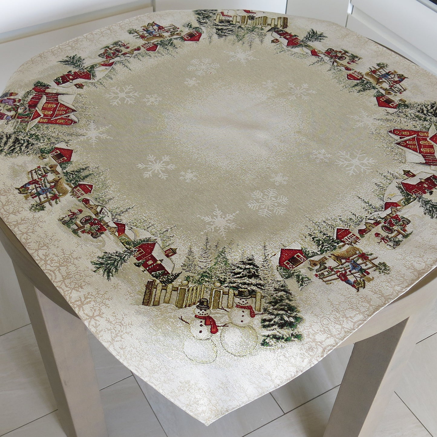 Tablecloth Christmas Block print Golden Fabric X-mas tablecloth for Rectangle Table Snowmen