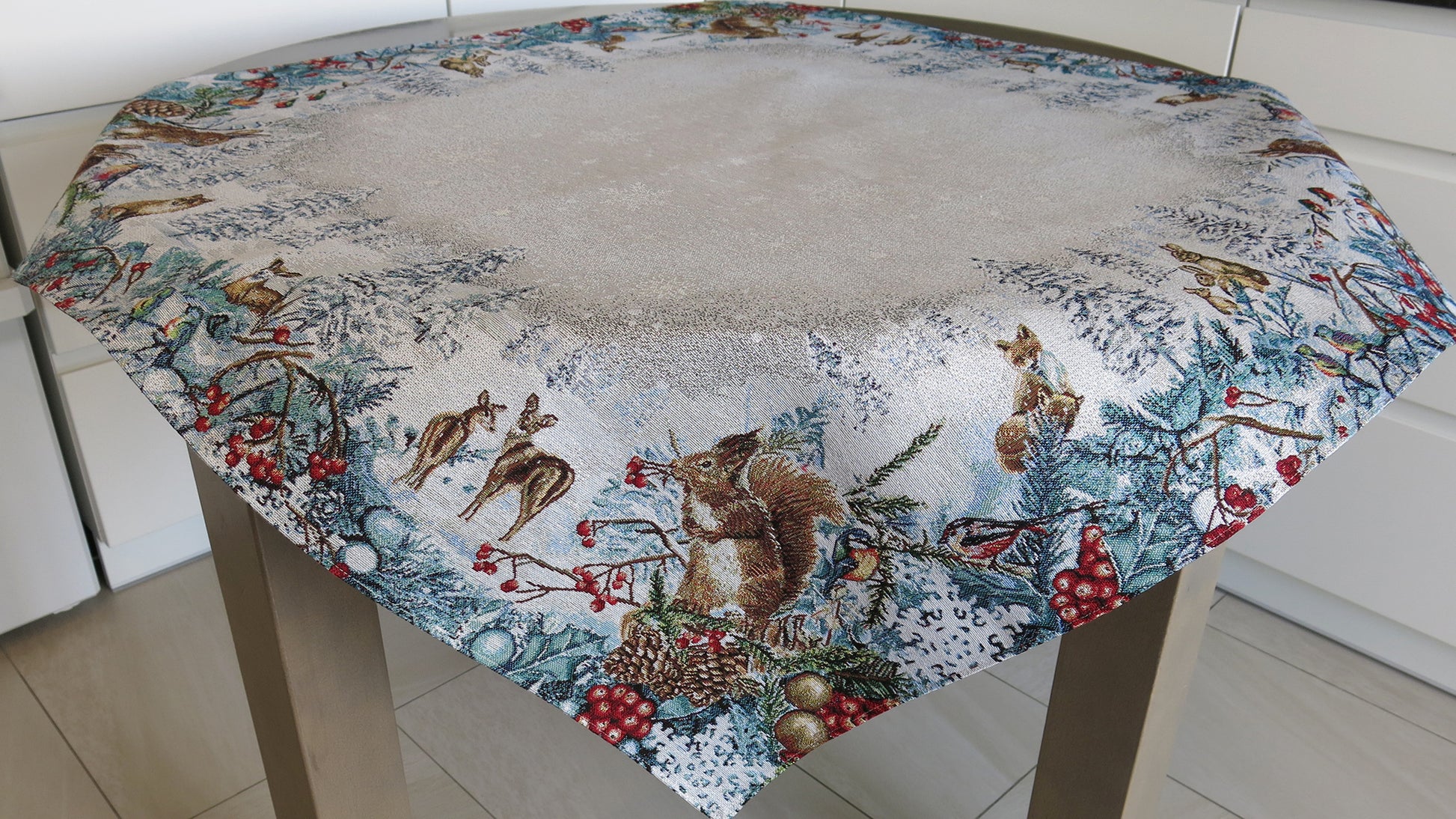 Tablecloth Christmas Fabric Holiday for Square Rectangle Table Silver threads Fairy Forest