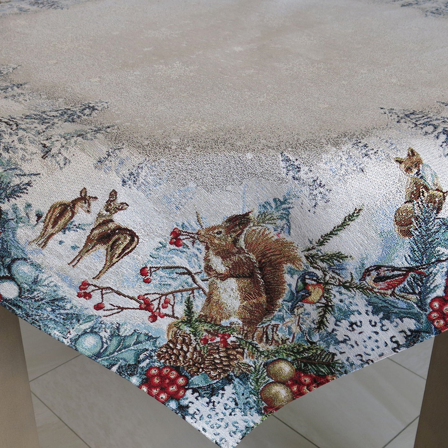 Tablecloth Christmas Fabric Holiday for Square Rectangle Table Silver threads Fairy Forest