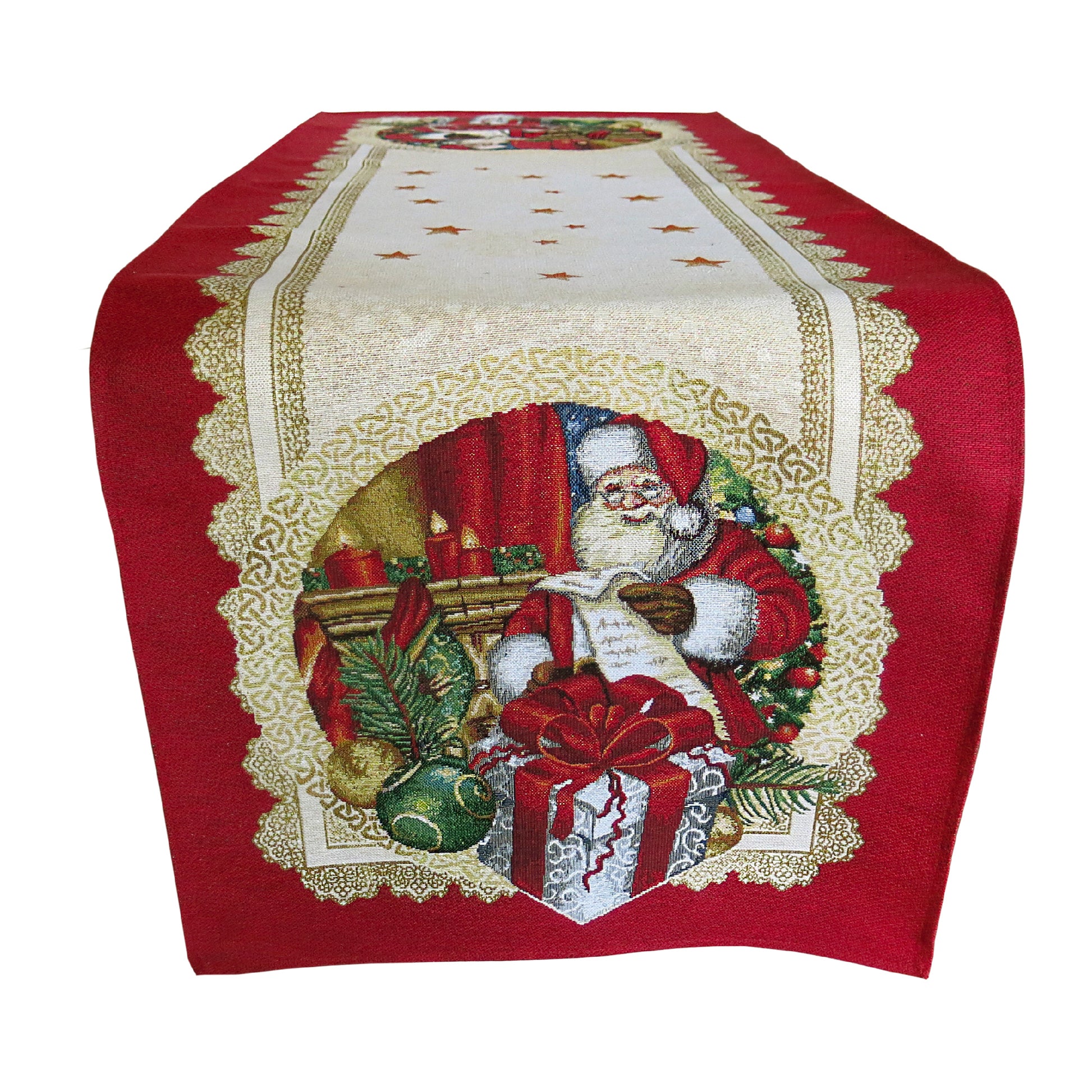 Table Runners Red Christmas Golden Lurex Fabric Tapestry Rectangular with Santa 