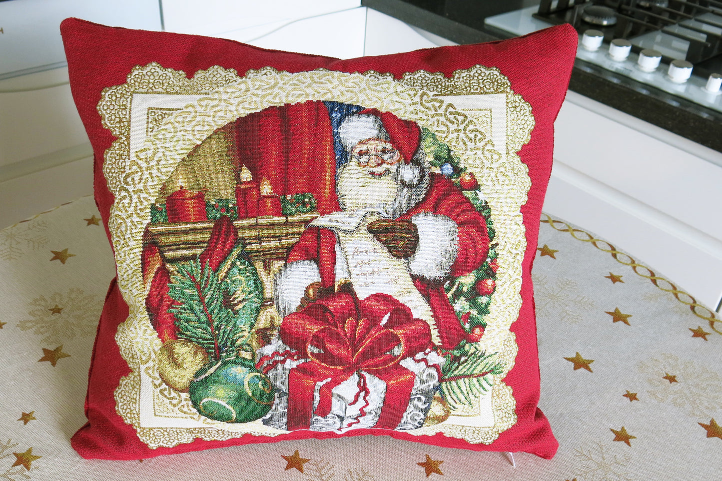 Cushion Cover Christmas Red Decorative Pillowcase with Santa and Gold threads